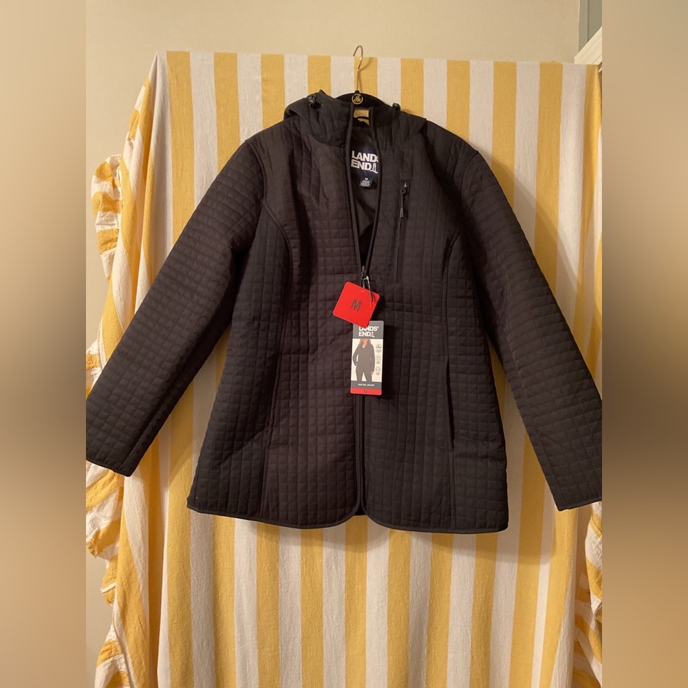 NWT Lands' End Women's Black Quilted Jacket Hooded Size M